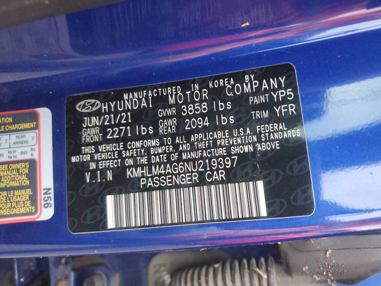 2022 HYUNDAI ELANTRA SEL VIN:KMHLM4AG6NU219397