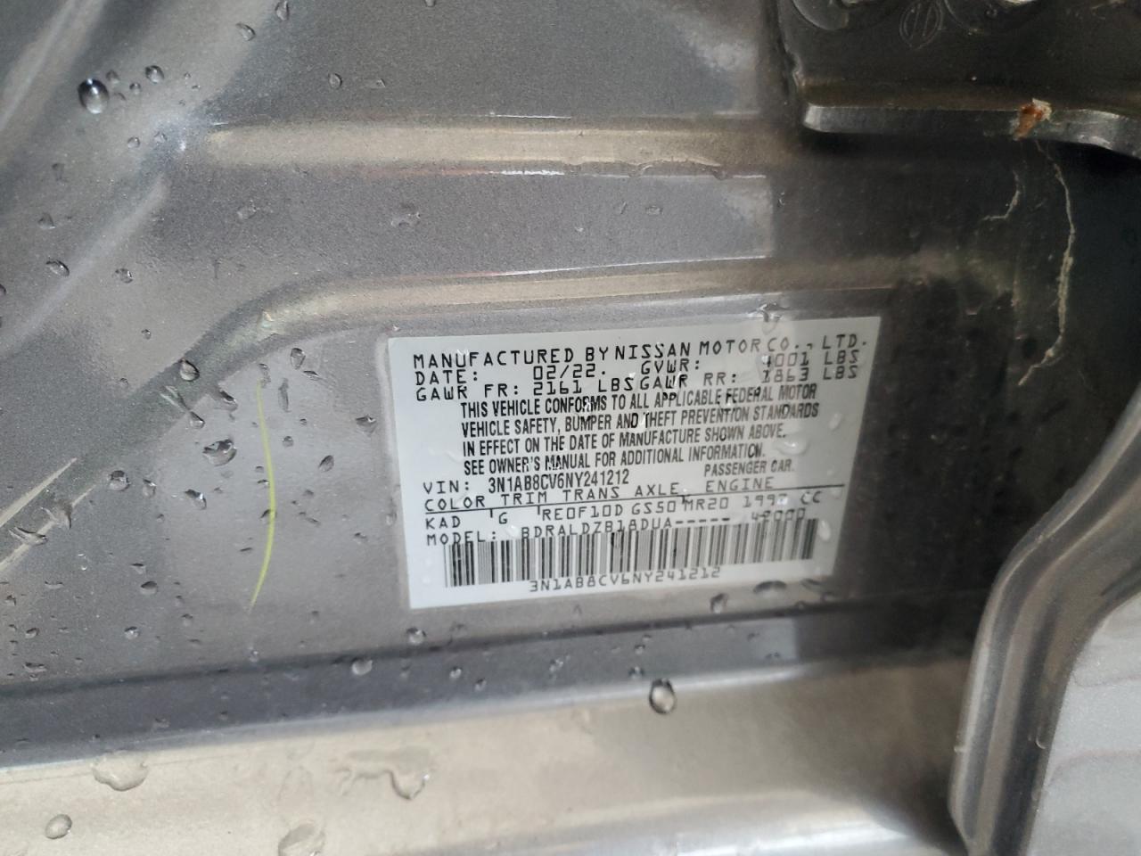 2022 NISSAN SENTRA SV VIN:3N1AB8CV6NY241212