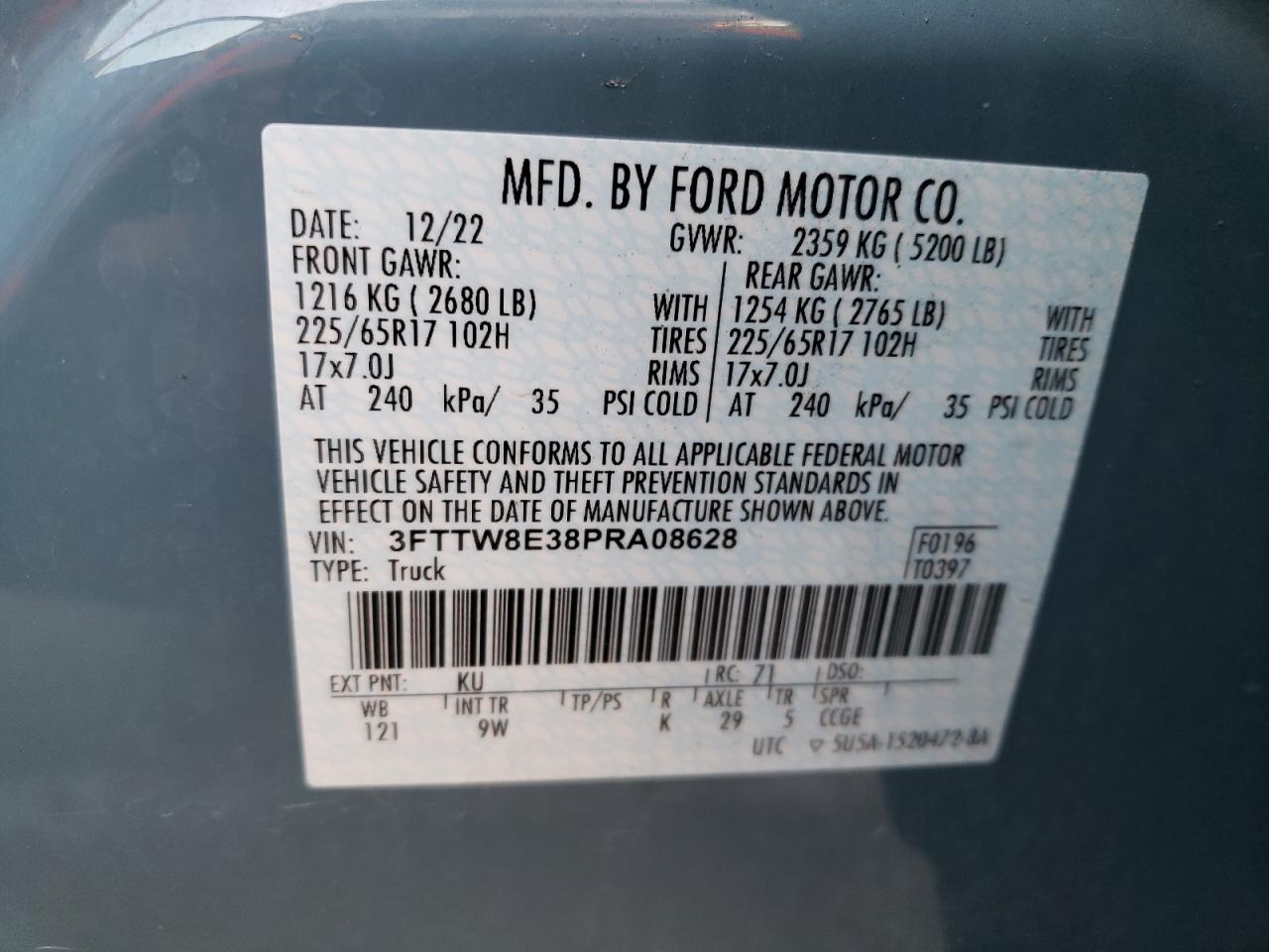 2023 FORD MAVERICK XL VIN:3FTTW8E38PRA08628