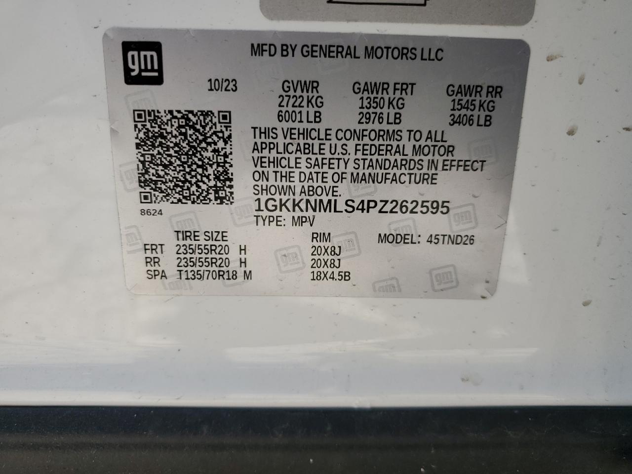 2023 GMC ACADIA SLT VIN:1GKKNMLS4PZ262595
