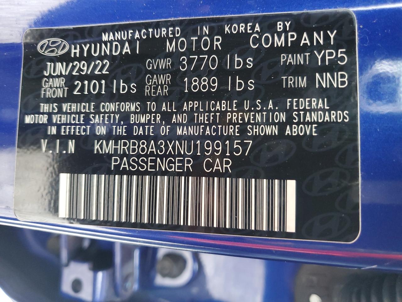 2022 HYUNDAI VENUE SE VIN:KMHRB8A3XNU199157