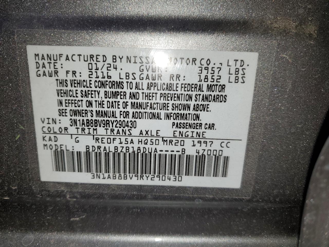 2024 NISSAN SENTRA S VIN:3N1AB8BV9RY290430