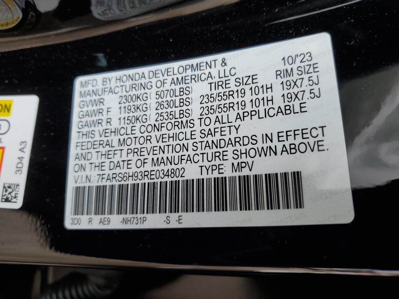 2024 HONDA CR-V SPORT TOURING VIN:7FARS6H93RE034802