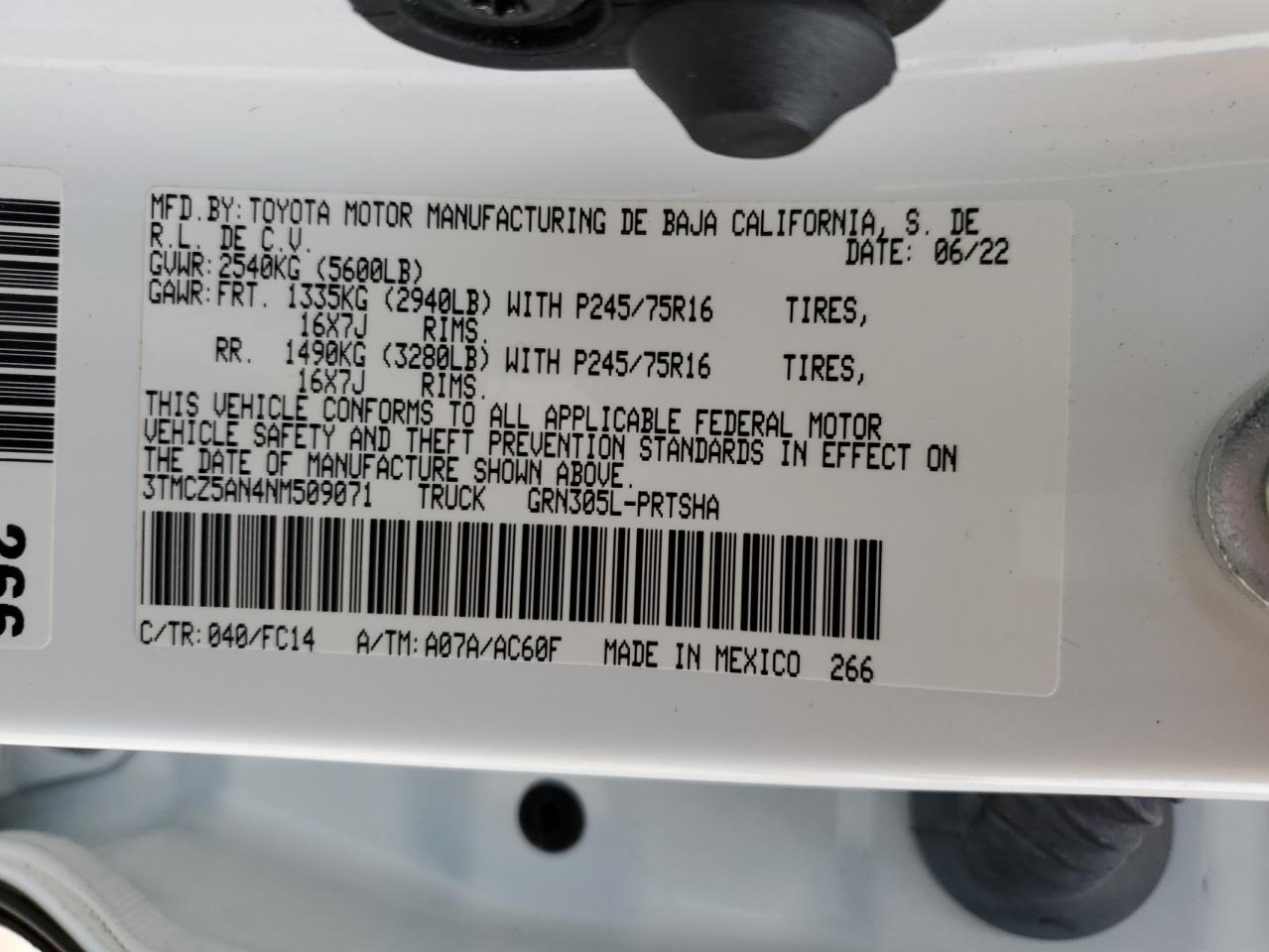 2022 TOYOTA TACOMA DOUBLE CAB VIN:3TMCZ5AN4NM509071