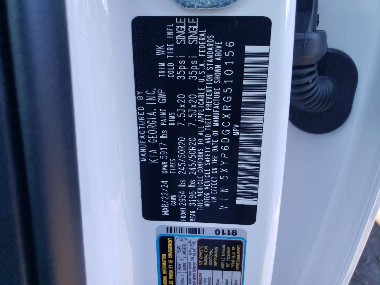 2024 KIA TELLURIDE S VIN:5XYP6DGCXRG510156