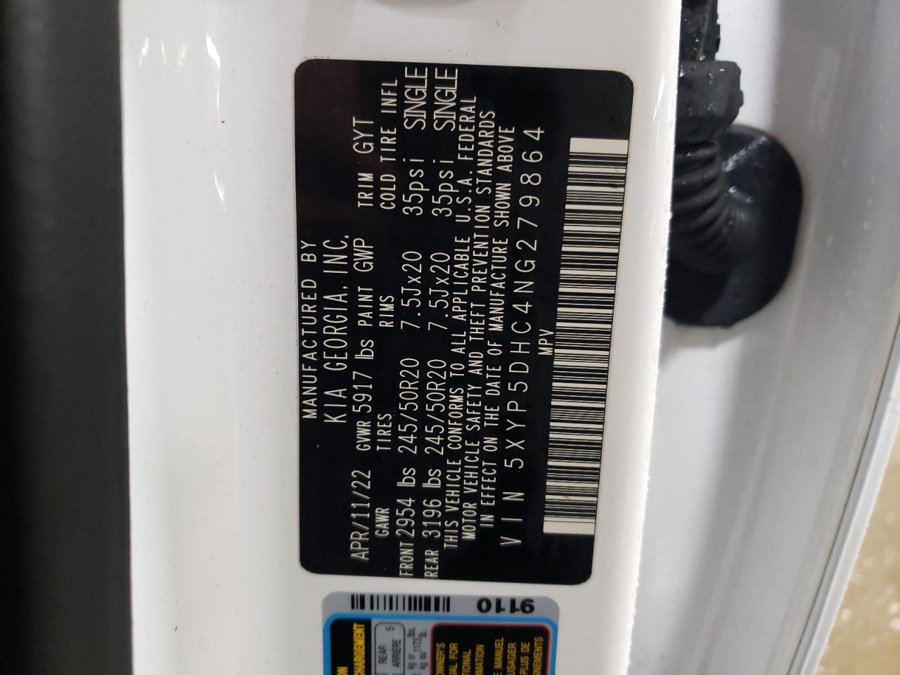 2022 KIA TELLURIDE SX VIN:5XYP5DHC4NG279864