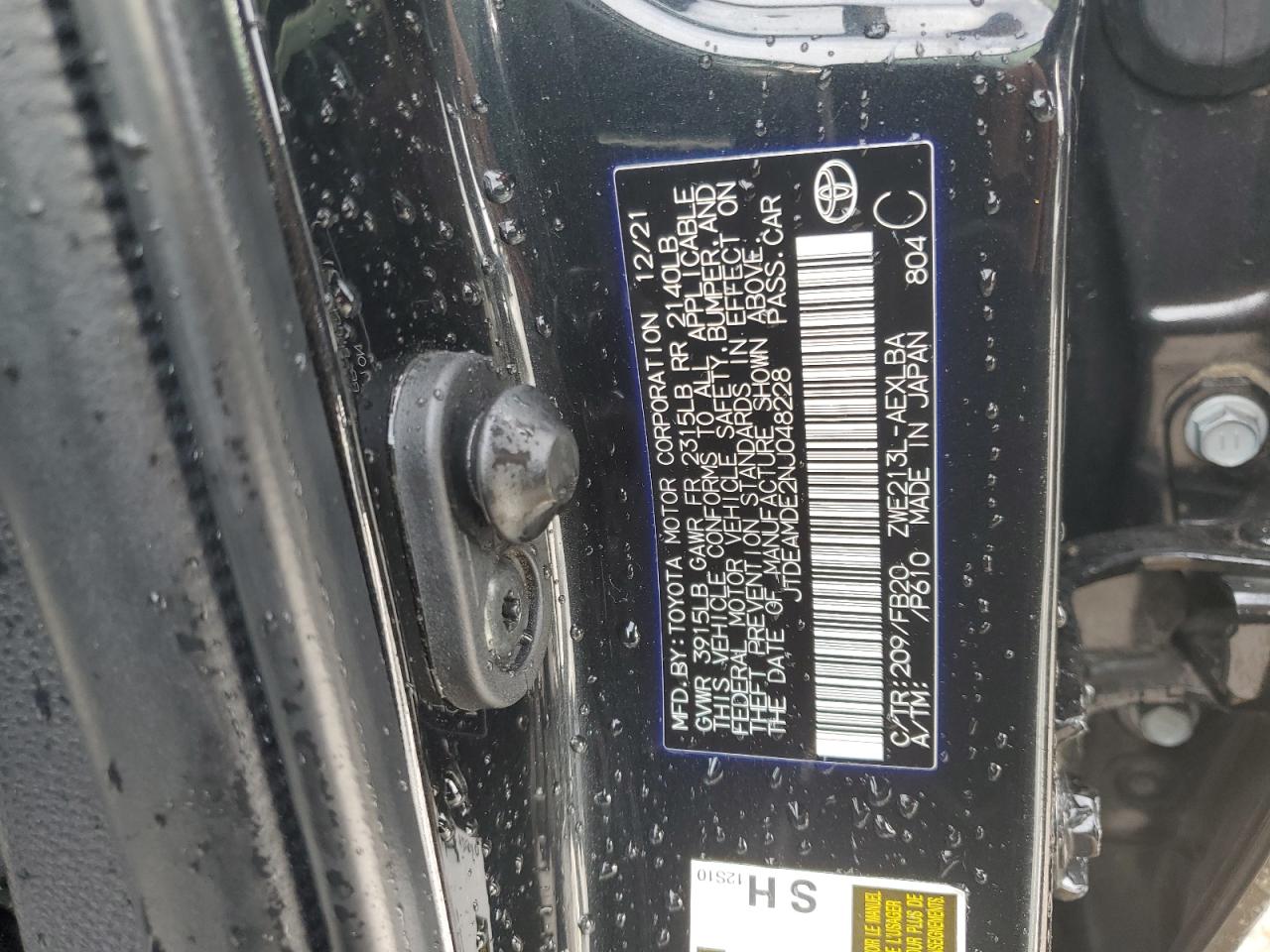 2022 TOYOTA COROLLA LE VIN:JTDEAMDE2NJ048228