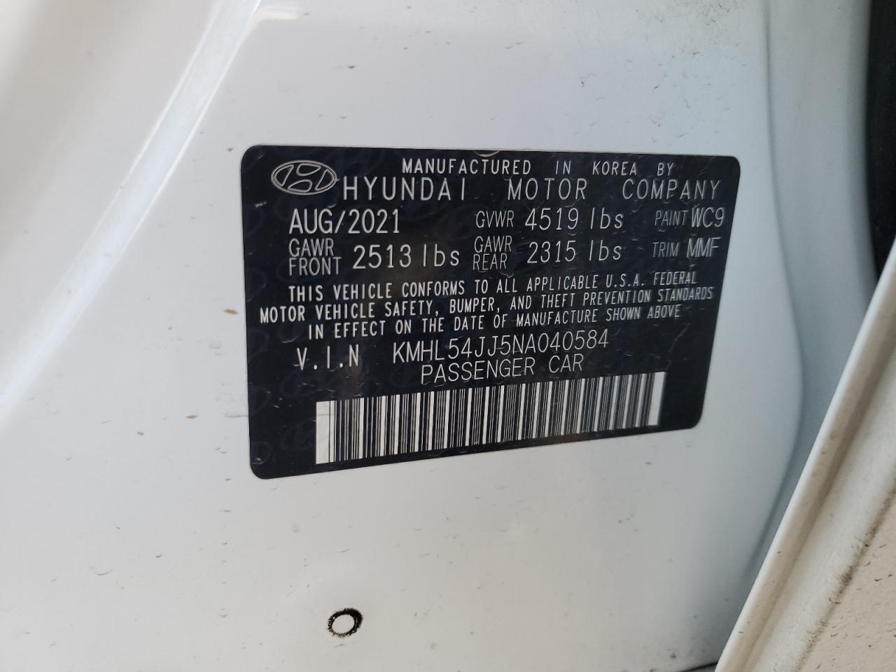 2022 HYUNDAI SONATA HYBRID VIN:KMHL54JJ5NA040584