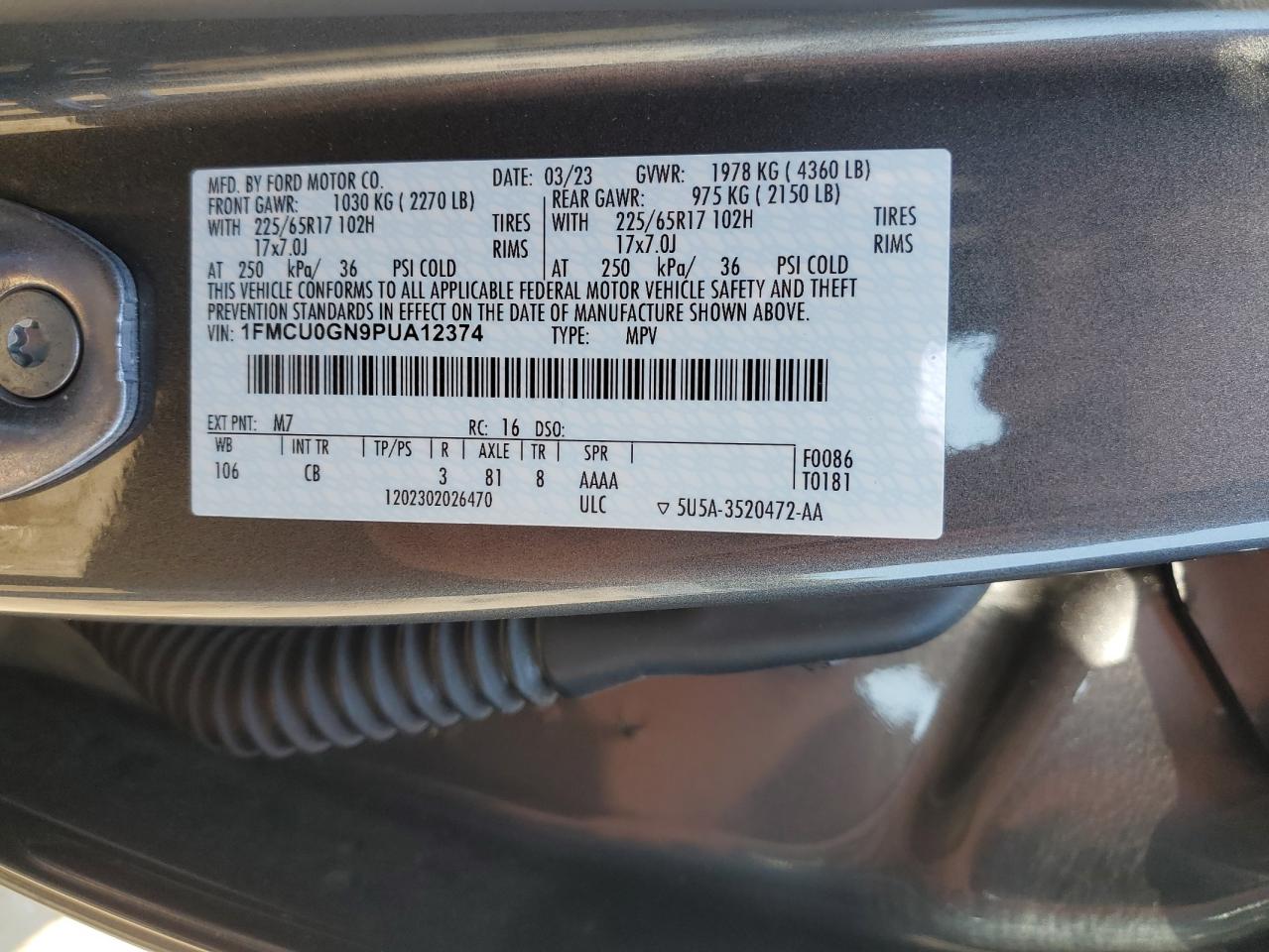 2023 FORD ESCAPE ACTIVE VIN:1FMCU0GN9PUA12374