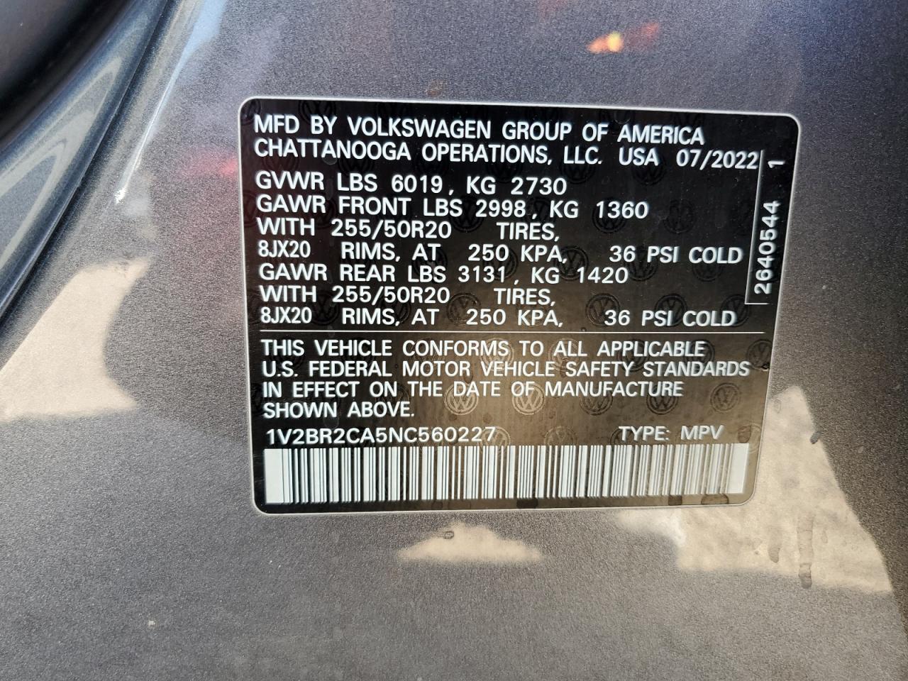 2022 VOLKSWAGEN ATLAS SEL VIN:1V2BR2CA5NC560227