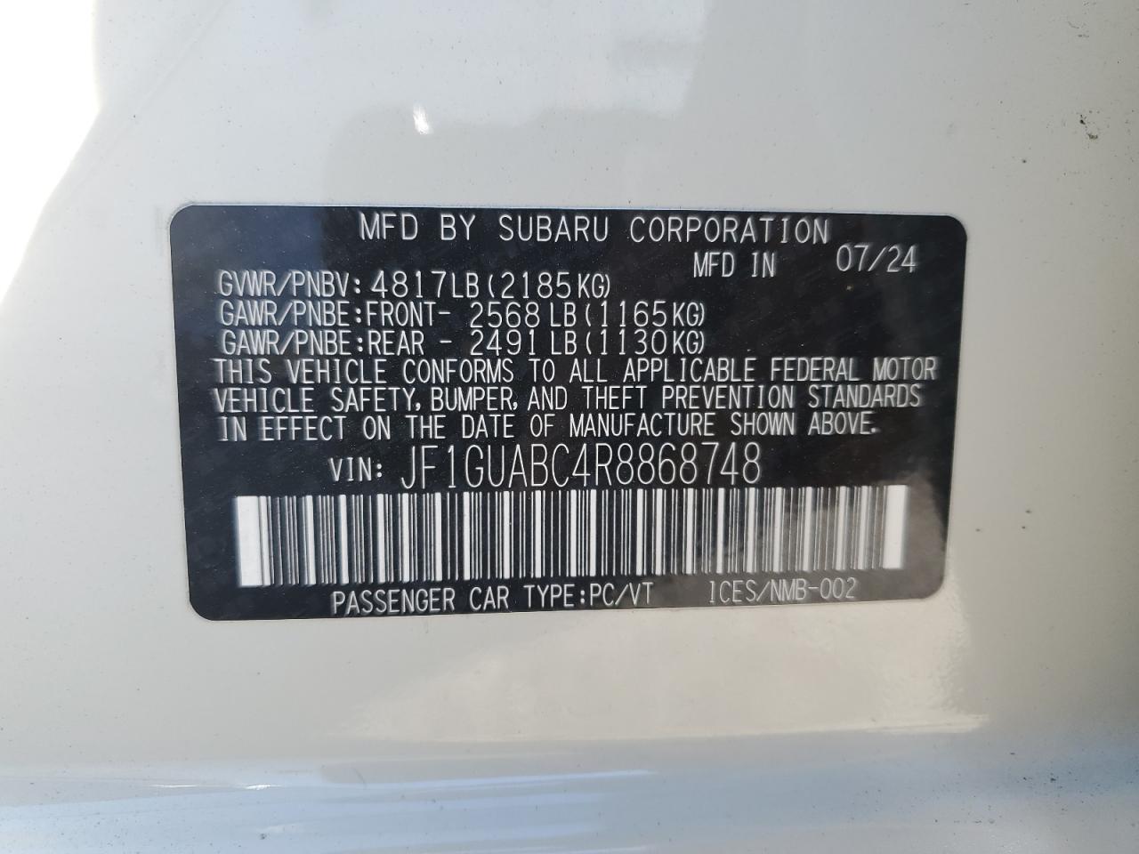 2024 SUBARU IMPREZA  VIN:JF1GUABC4R8868748