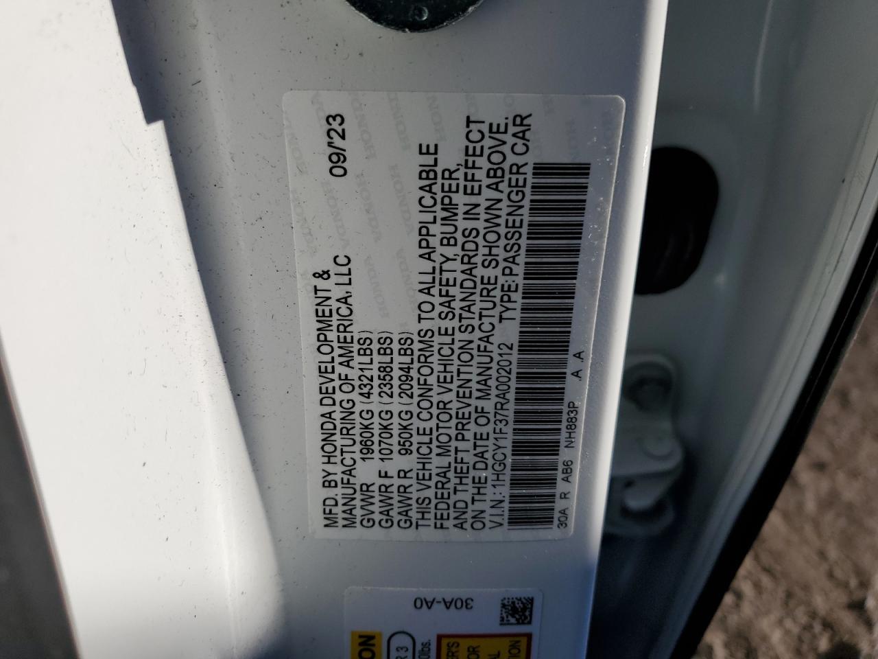 2024 HONDA ACCORD EX VIN:1HGCY1F37RA002012