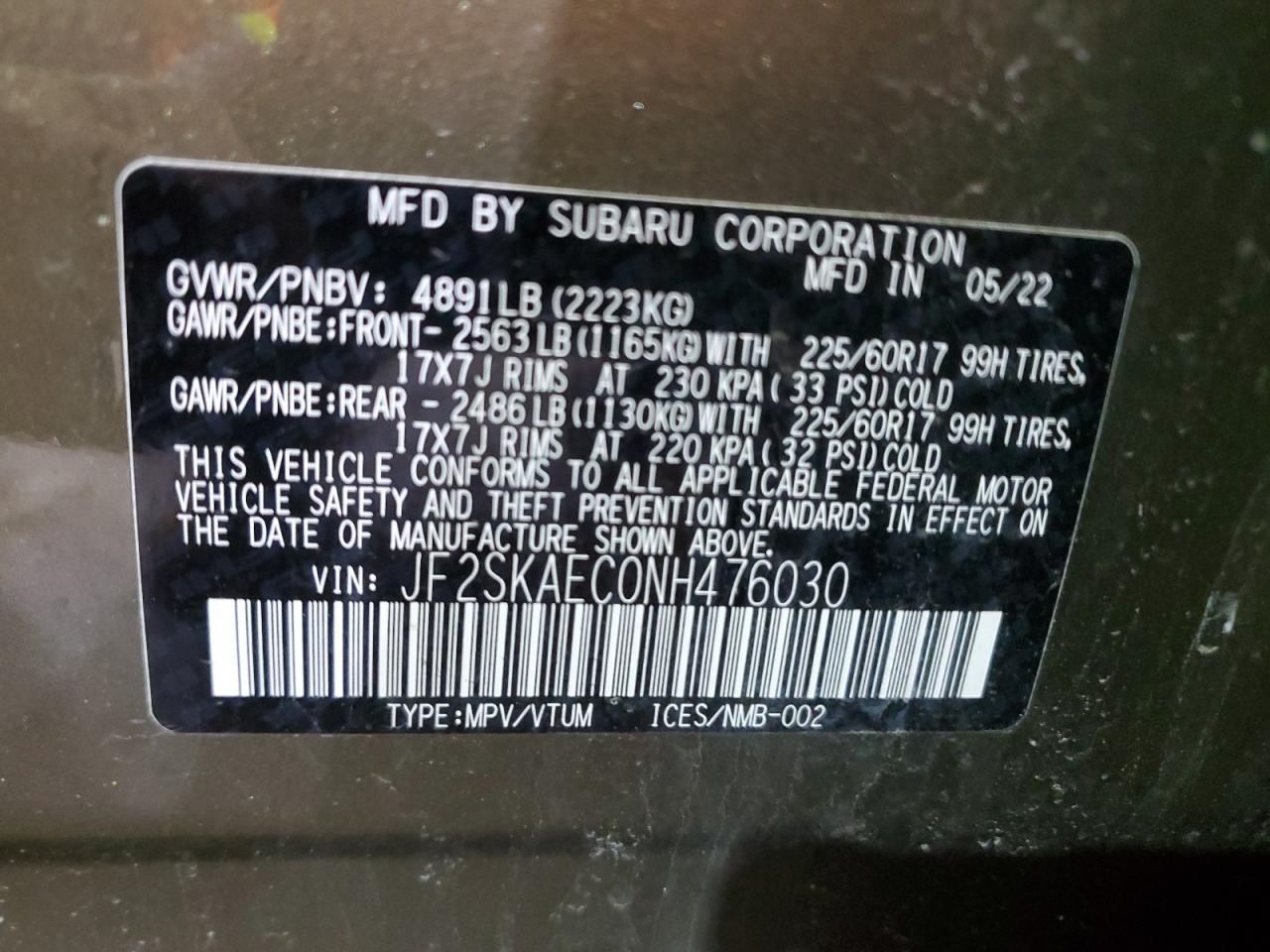 2022 SUBARU FORESTER PREMIUM VIN:JF2SKAEC0NH476030