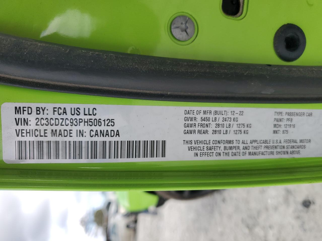 2023 DODGE CHALLENGER SRT HELLCAT VIN:2C3CDZC93PH506125