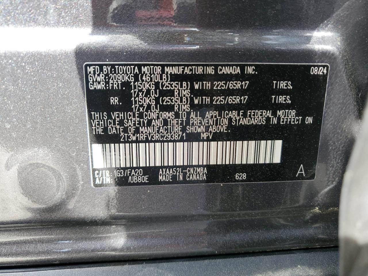 2024 TOYOTA RAV4 XLE VIN:2T3W1RFV3RC293871