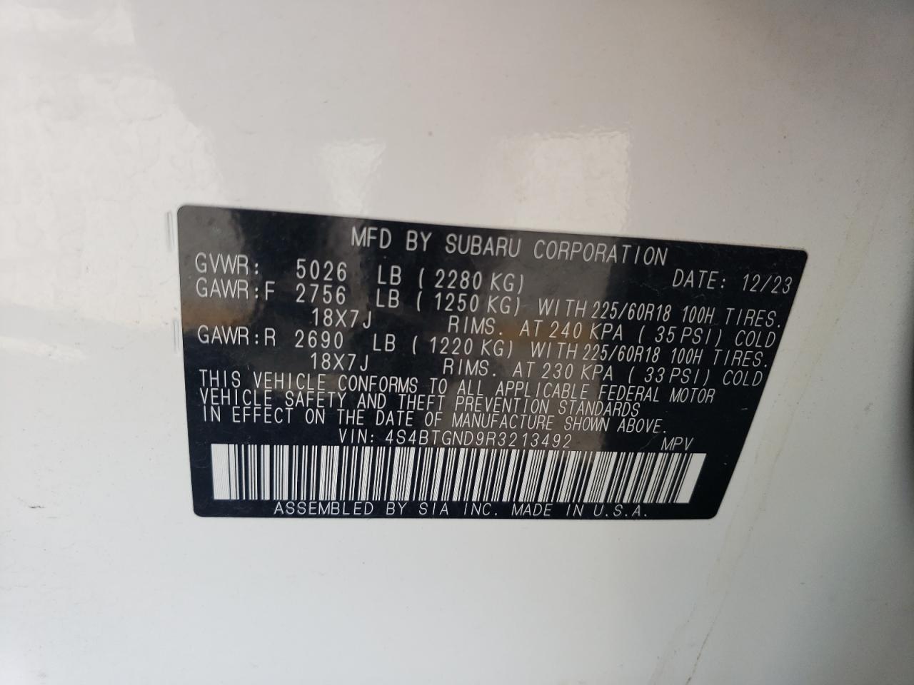 2024 SUBARU OUTBACK LIMITED XT VIN:4S4BTGND9R3213492