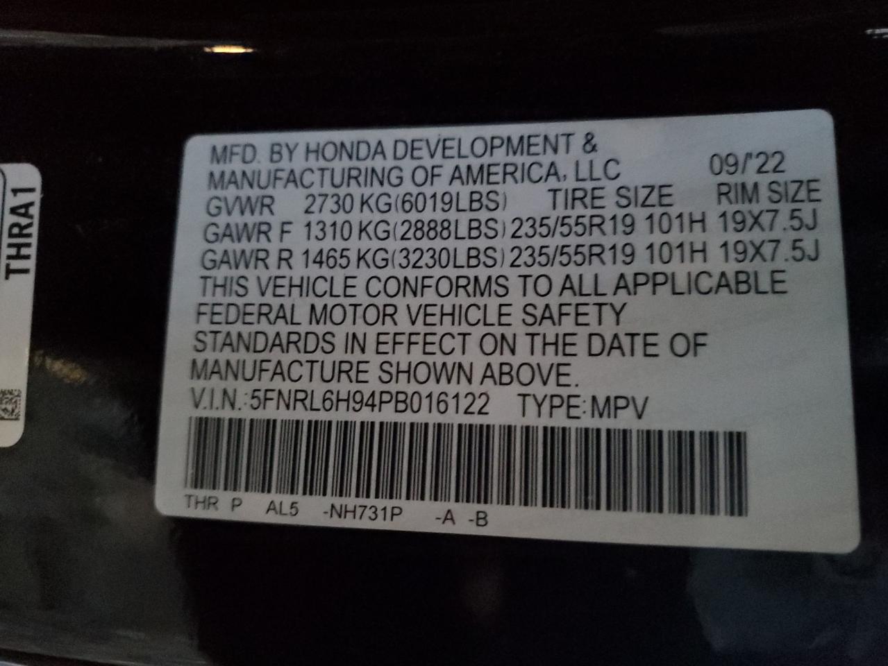 2023 HONDA ODYSSEY ELITE VIN:5FNRL6H94PB016122