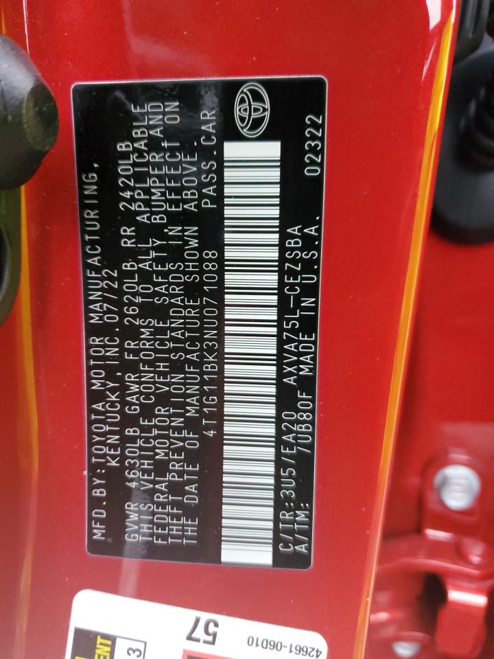 2022 TOYOTA CAMRY SE VIN:4T1G11BK3NU071088