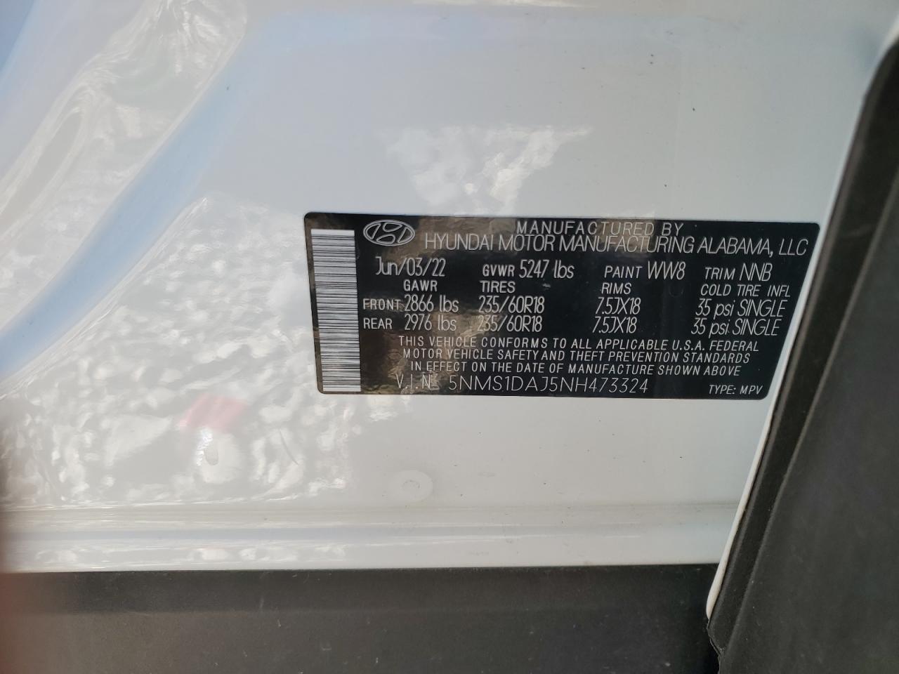 2022 HYUNDAI SANTA FE SE VIN:5NMS1DAJ5NH473324