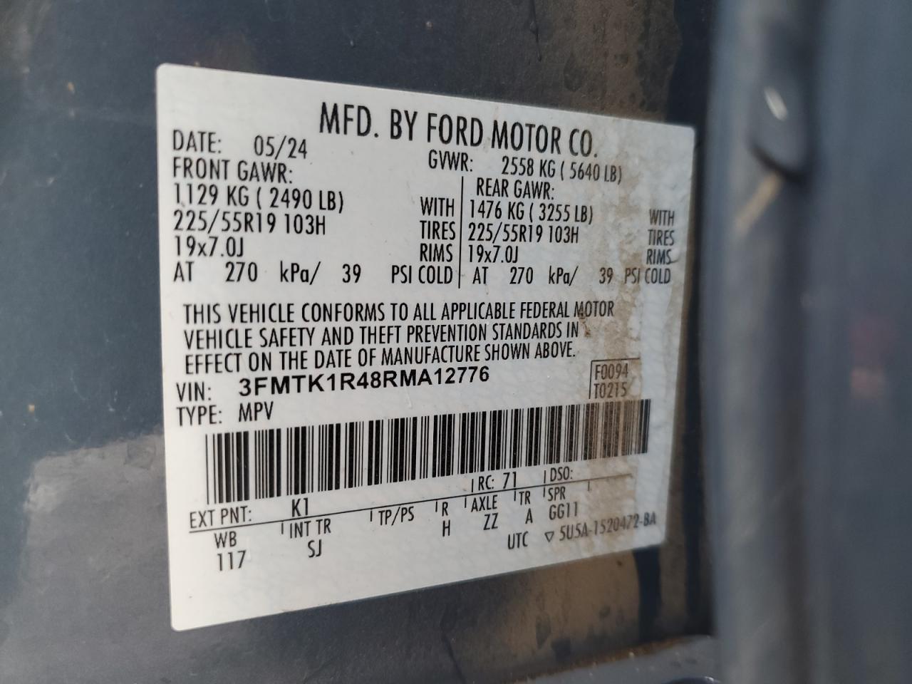 2024 FORD MUSTANG MACH-E SELECT VIN:3FMTK1R48RMA12776