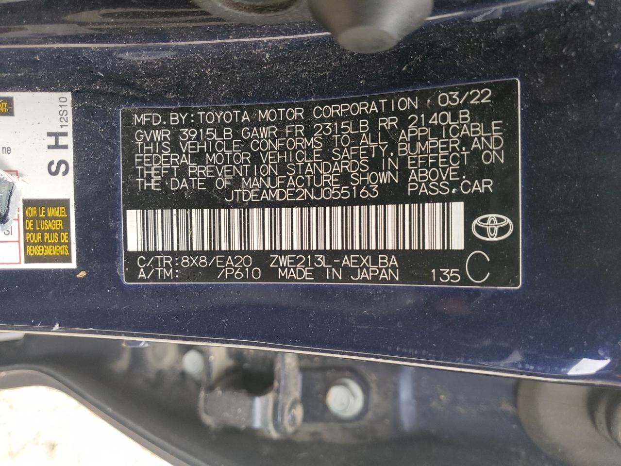 2022 TOYOTA COROLLA LE VIN:JTDEAMDE2NJ055163