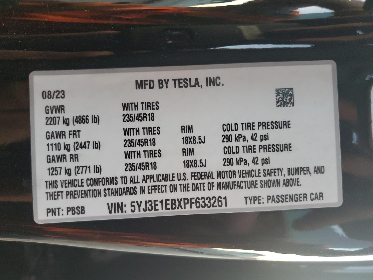 2023 TESLA MODEL 3  VIN:5YJ3E1EBXPF633261