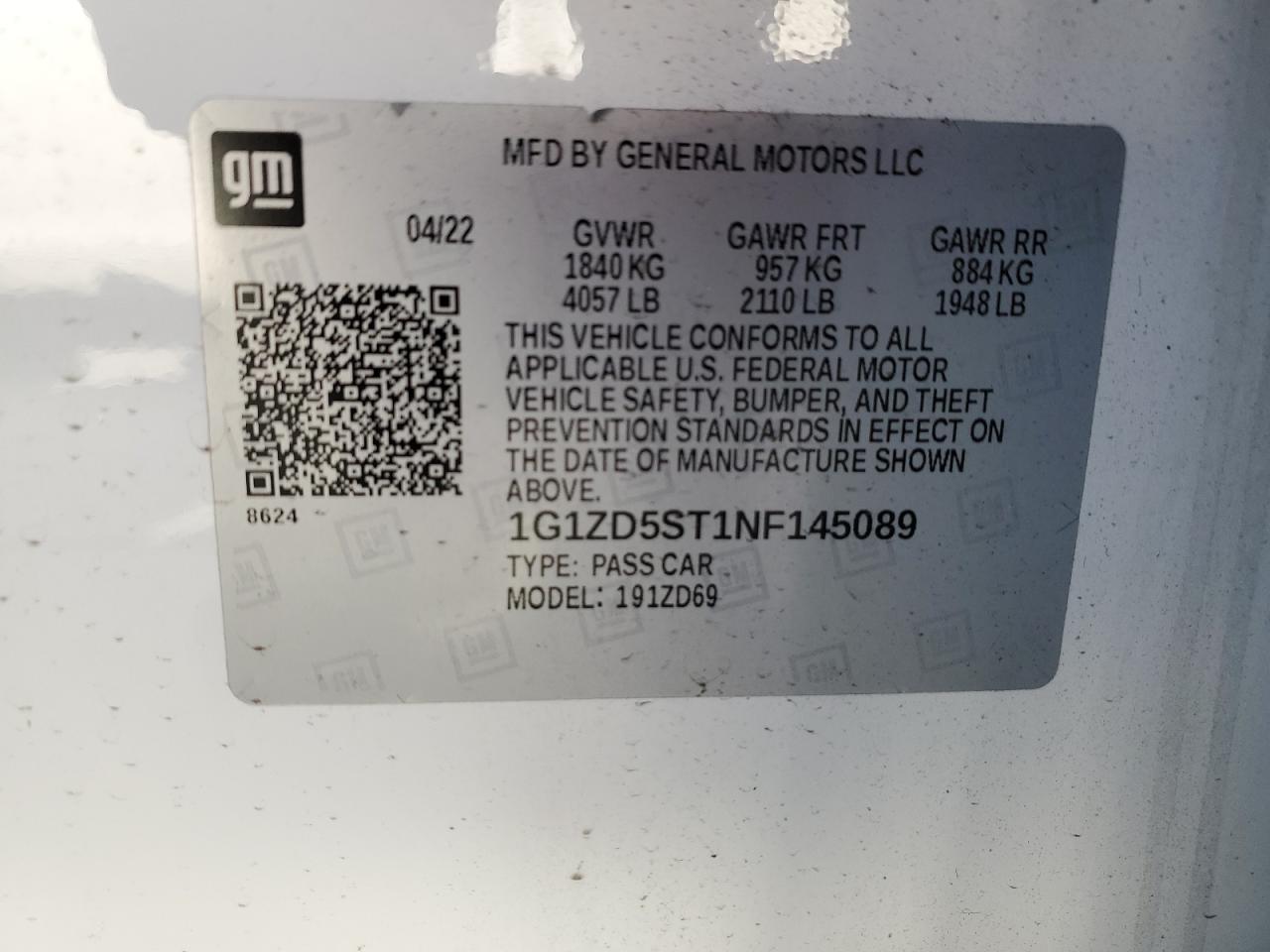 2022 CHEVROLET MALIBU LT VIN:1G1ZD5ST1NF145089