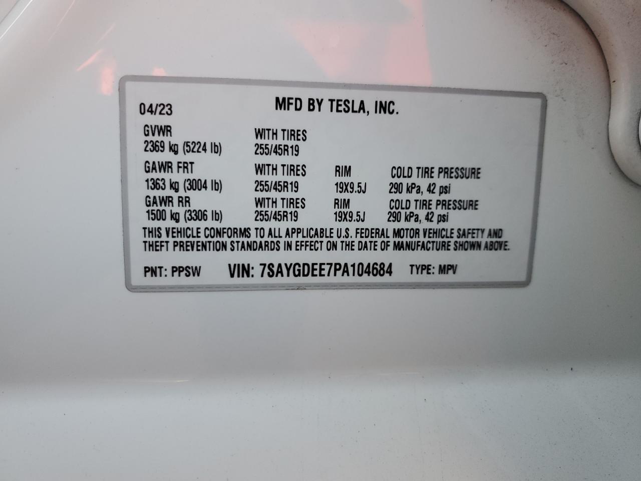 2023 TESLA MODEL Y  VIN:7SAYGDEE7PA104684