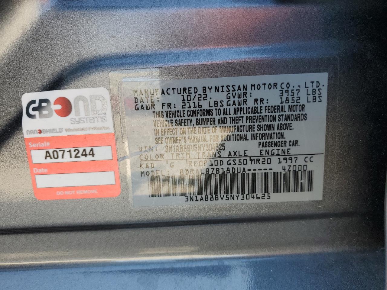 2022 NISSAN SENTRA S VIN:3N1AB8BV5NY304625