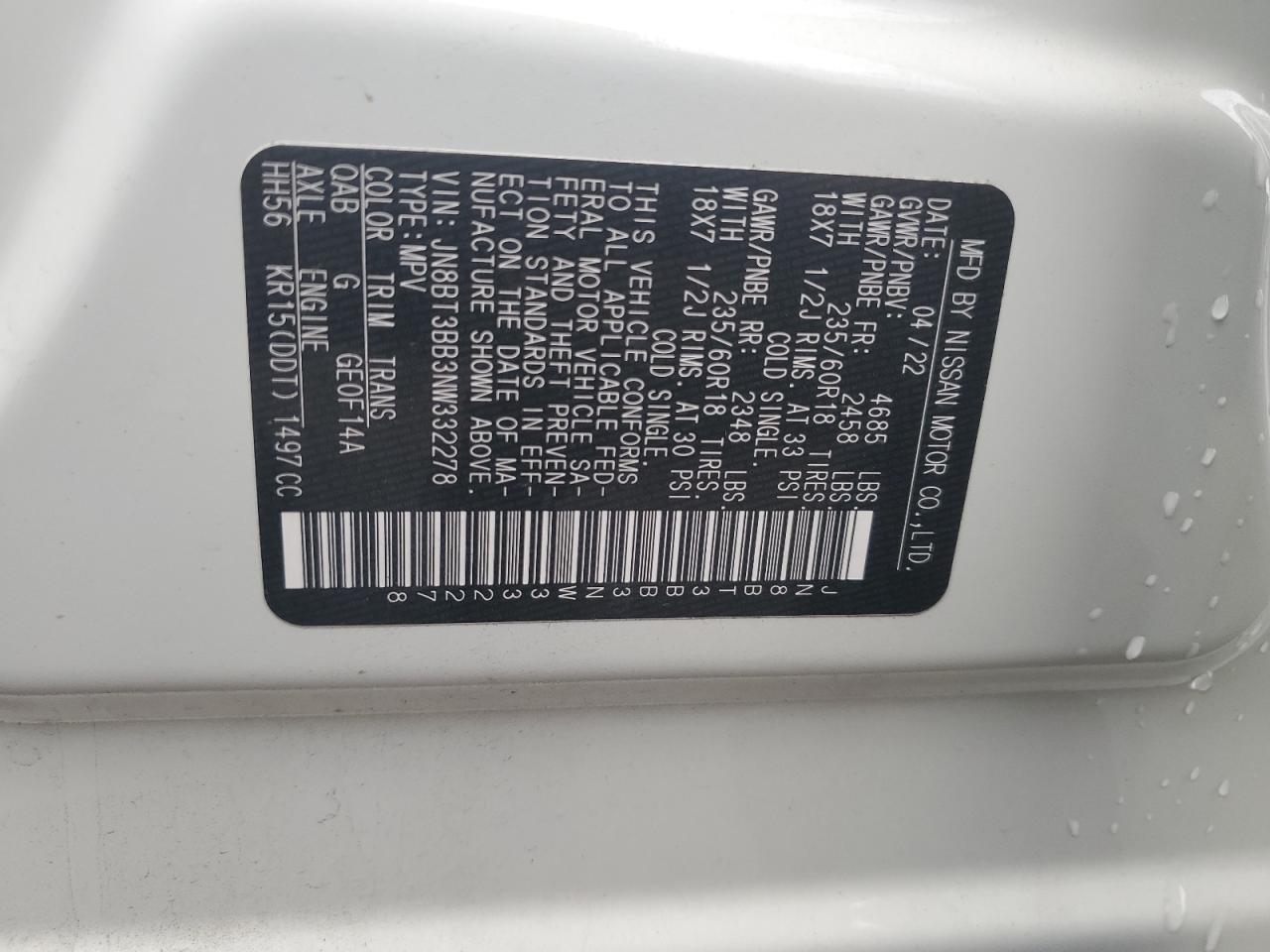2022 NISSAN ROGUE SV VIN:JN8BT3BB3NW332278