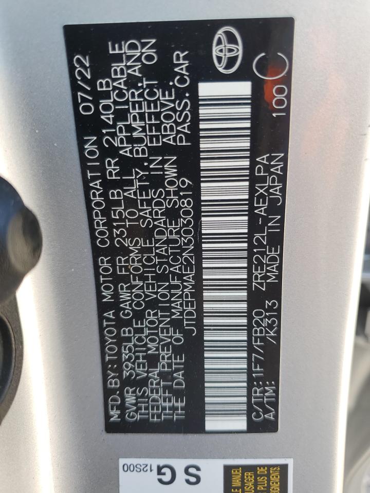 2022 TOYOTA COROLLA LE VIN:JTDEPMAE2N3030819