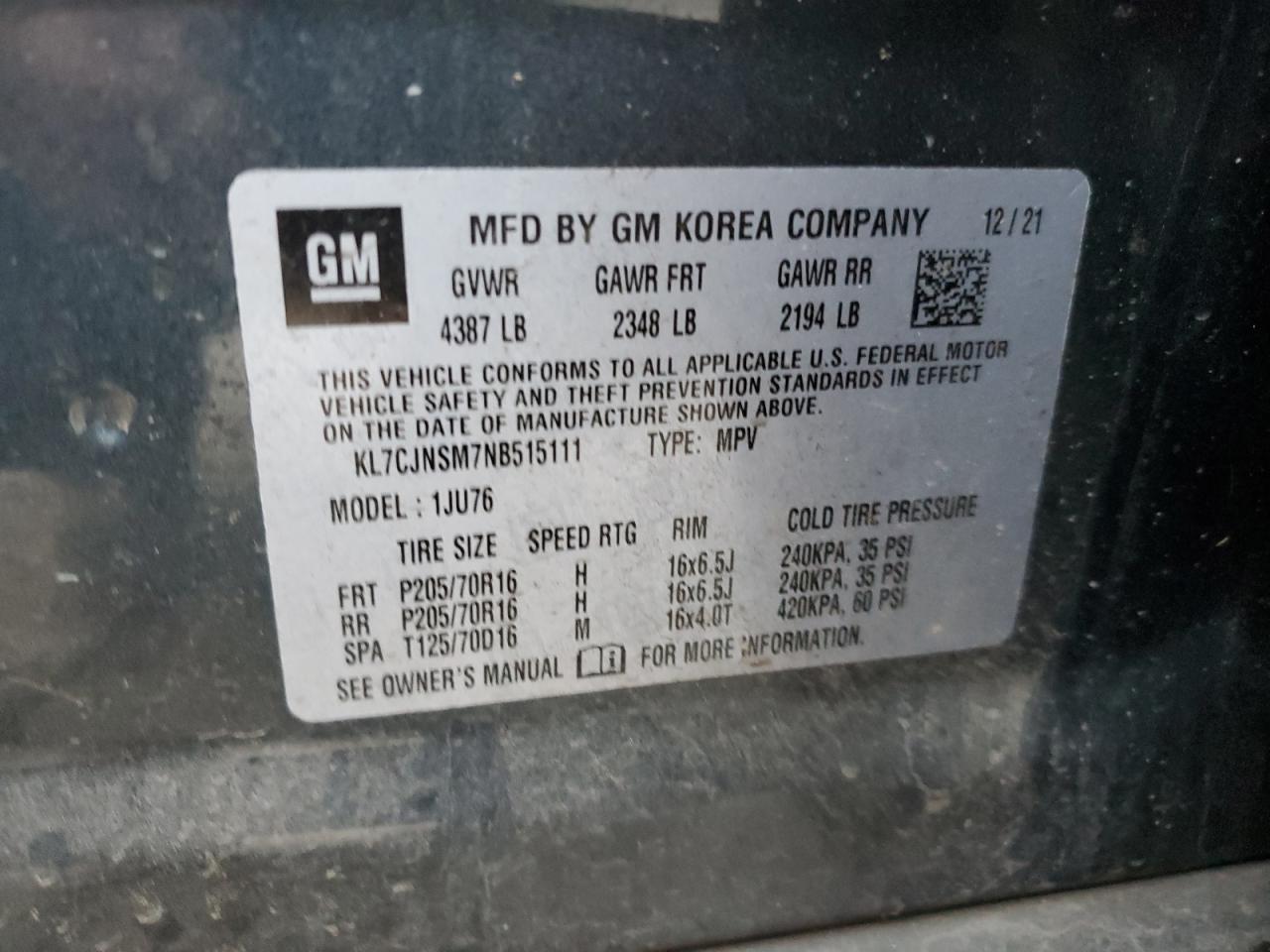 2022 CHEVROLET TRAX LS VIN:KL7CJNSM7NB515111