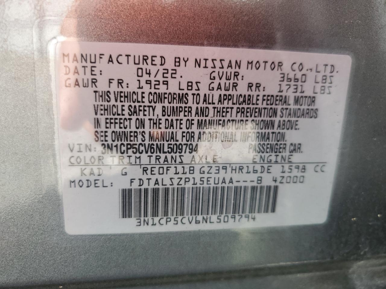 2022 NISSAN KICKS SV VIN:3N1CP5CV6NL509794