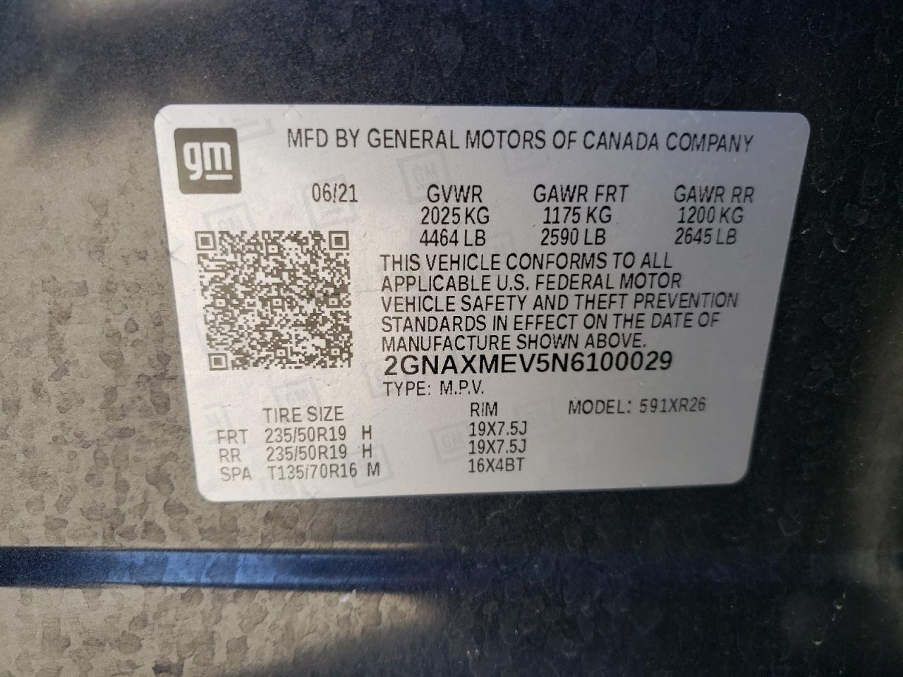 2022 CHEVROLET EQUINOX RS VIN:2GNAXMEV5N6100029