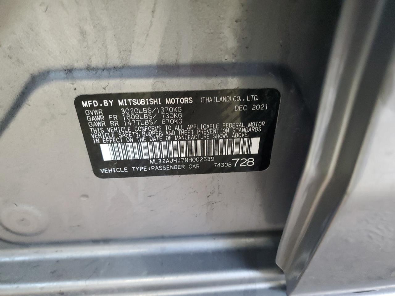 2022 MITSUBISHI MIRAGE ES VIN:ML32AUHJ7NH002639