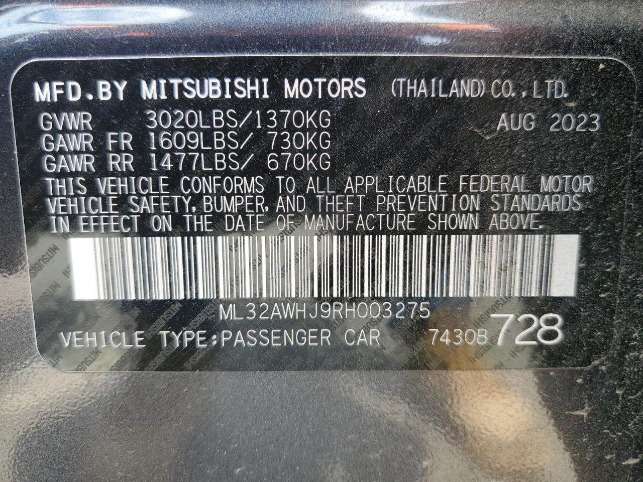 2024 MITSUBISHI MIRAGE SE VIN:ML32AWHJ9RH003275