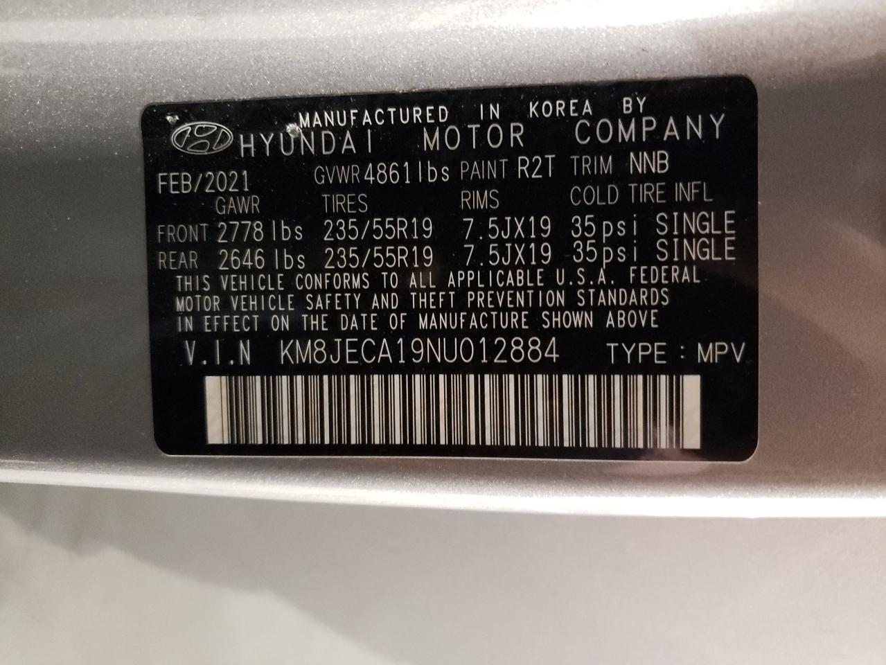 2022 HYUNDAI TUCSON LIMITED VIN:KM8JECA19NU012884