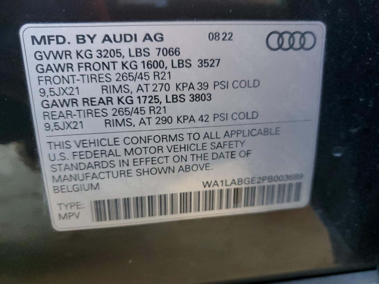 2023 AUDI E-TRON PREMIUM PLUS VIN:WA1LABGE2PB003689