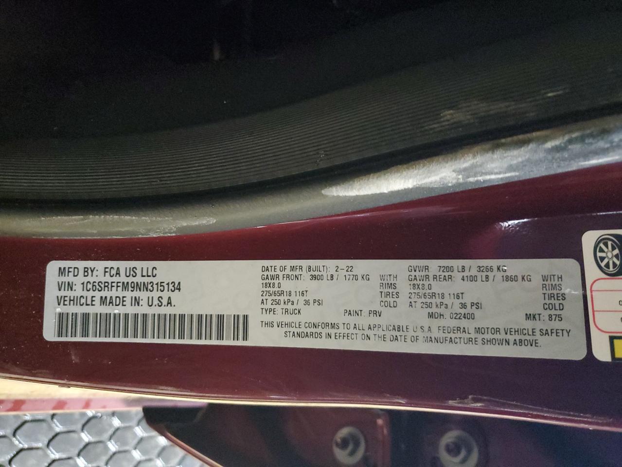 2022 RAM 1500 BIG HORN/LONE STAR VIN:1C6SRFFM9NN315134