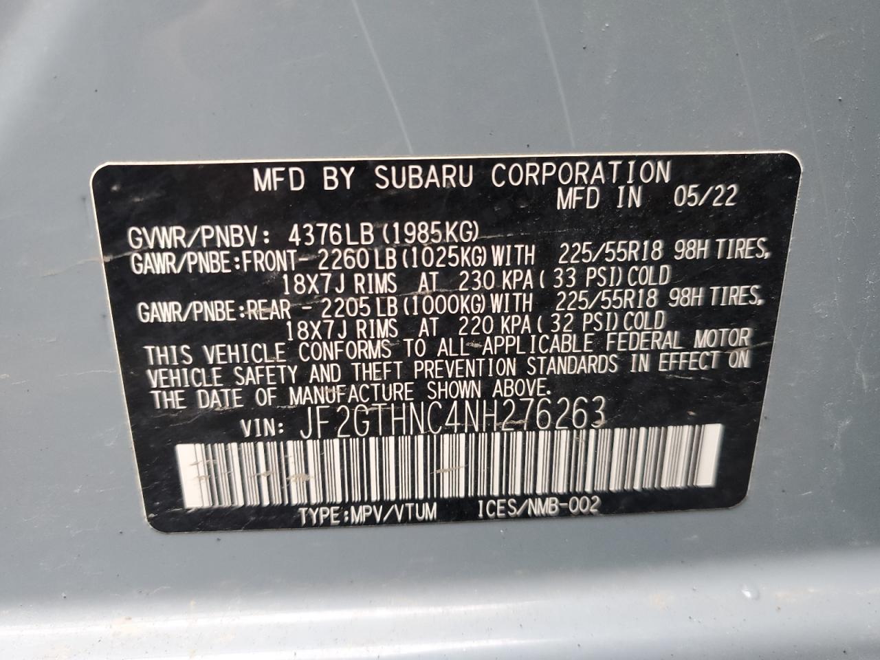 2022 SUBARU CROSSTREK LIMITED VIN:JF2GTHNC4NH276263