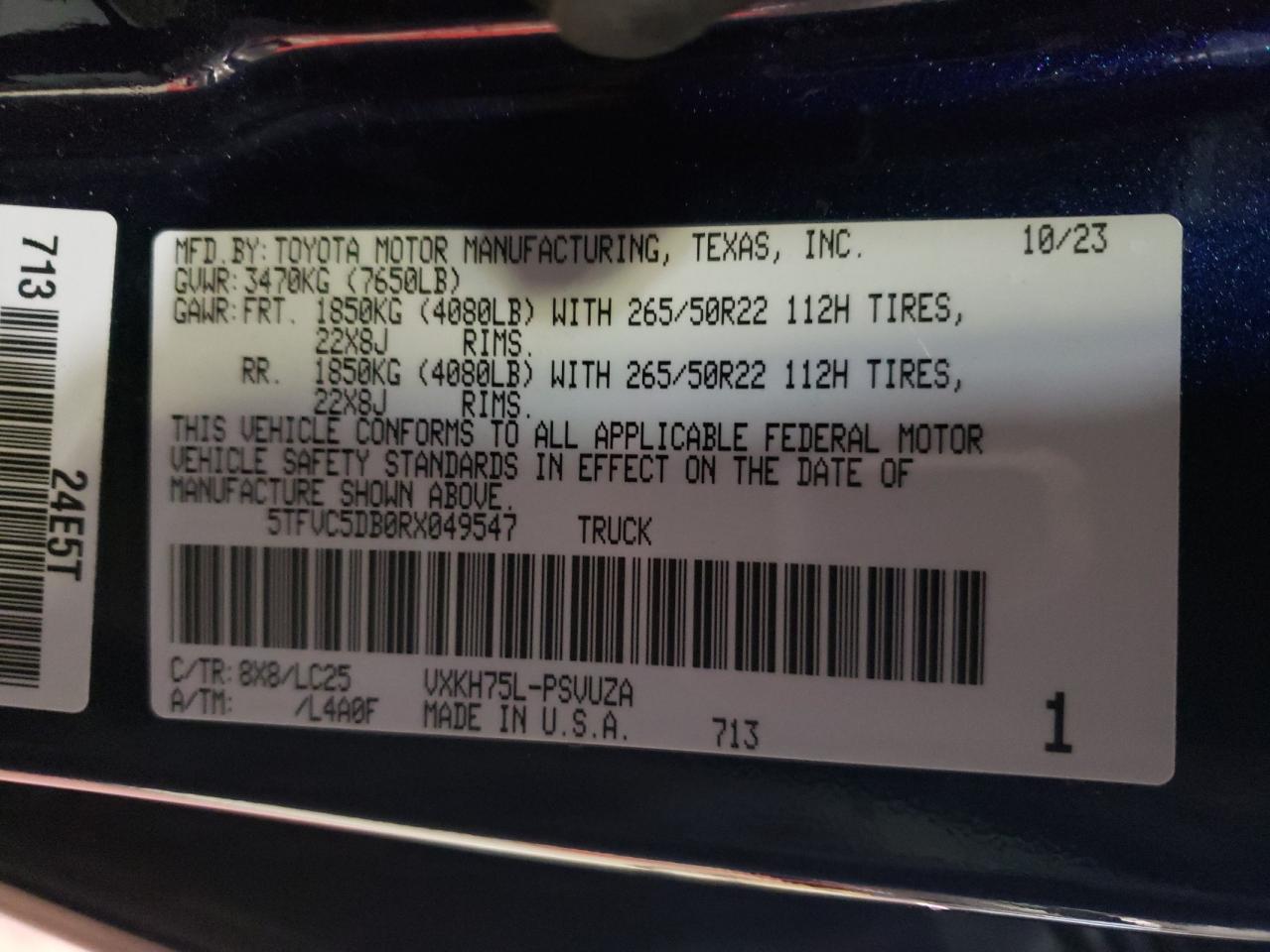 2024 TOYOTA TUNDRA CREWMAX CAPSTONE VIN:5TFVC5DB0RX049547