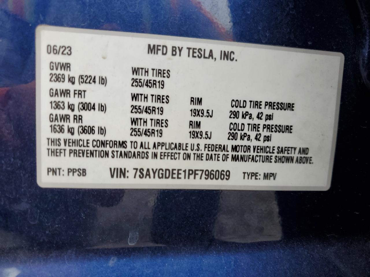 2023 TESLA MODEL Y  VIN:7SAYGDEE1PF796069