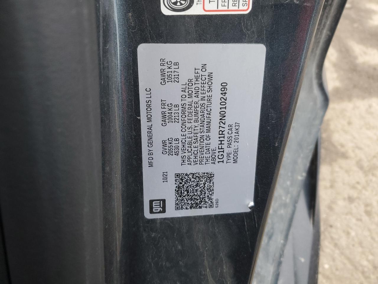 2022 CHEVROLET CAMARO SS VIN:1G1FH1R72N0102490