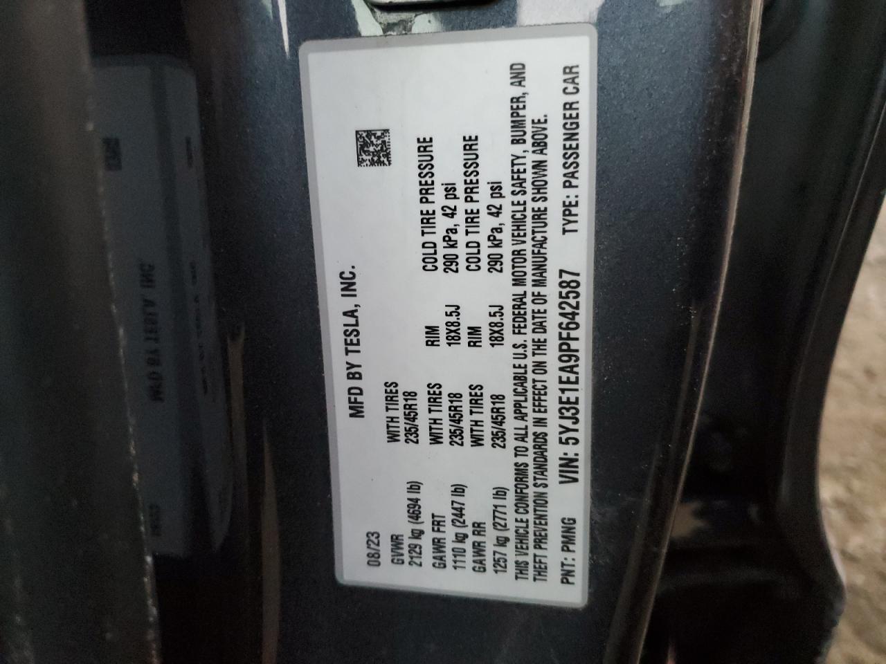 2023 TESLA MODEL 3  VIN:5YJ3E1EA9PF642587