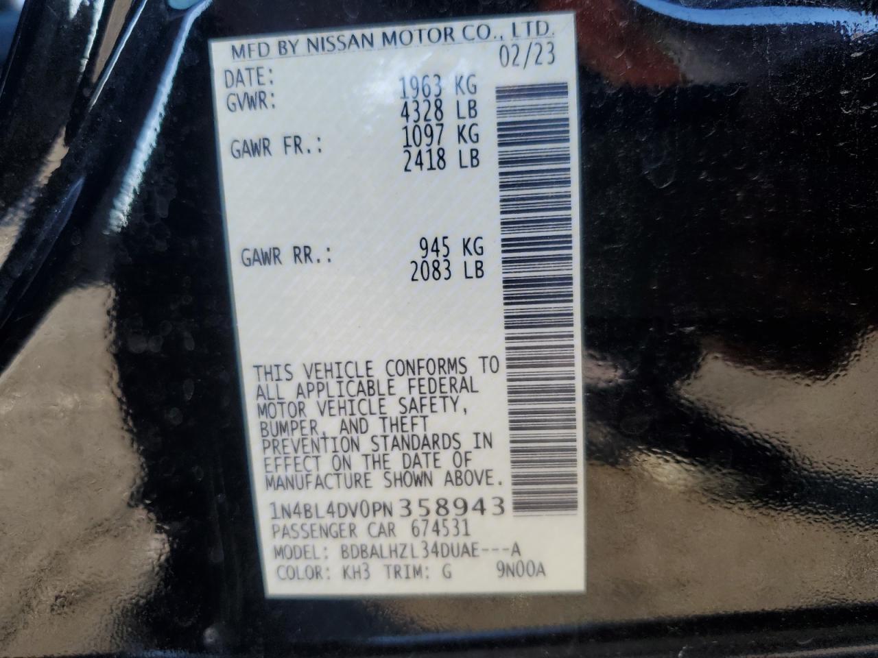 2023 NISSAN ALTIMA SV VIN:1N4BL4DV0PN358943
