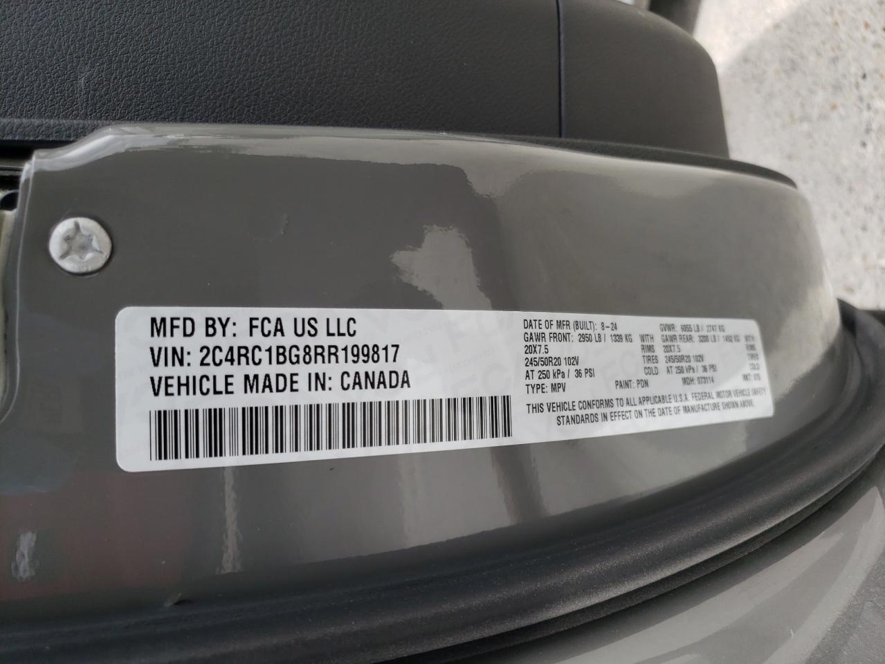 2024 CHRYSLER PACIFICA TOURING L VIN:2C4RC1BG8RR199817