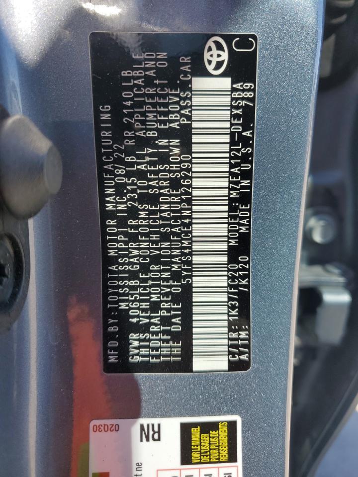 2022 TOYOTA COROLLA SE VIN:5YFS4MCE4NP126290