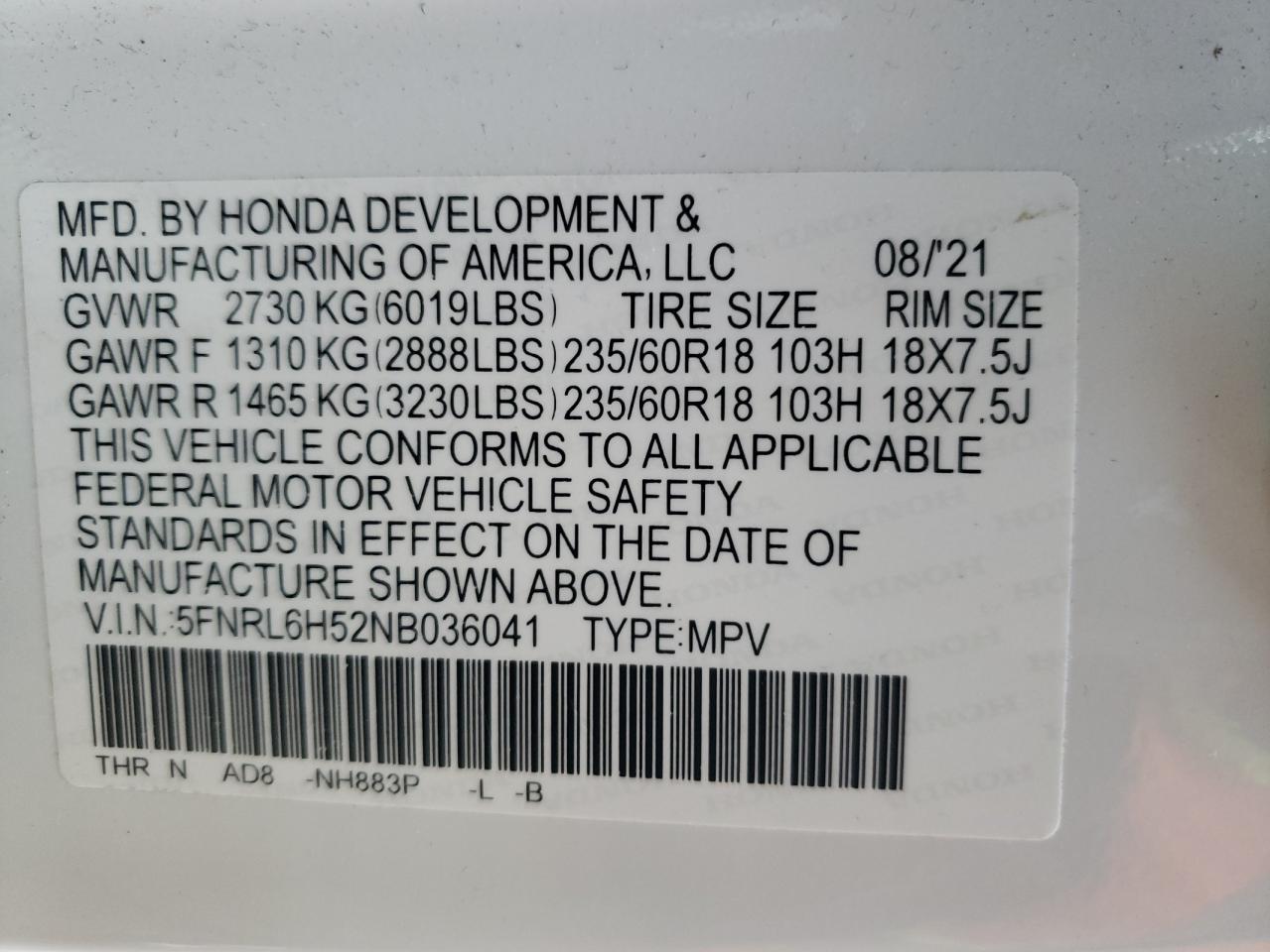 2022 HONDA ODYSSEY EX VIN:5FNRL6H52NB036041