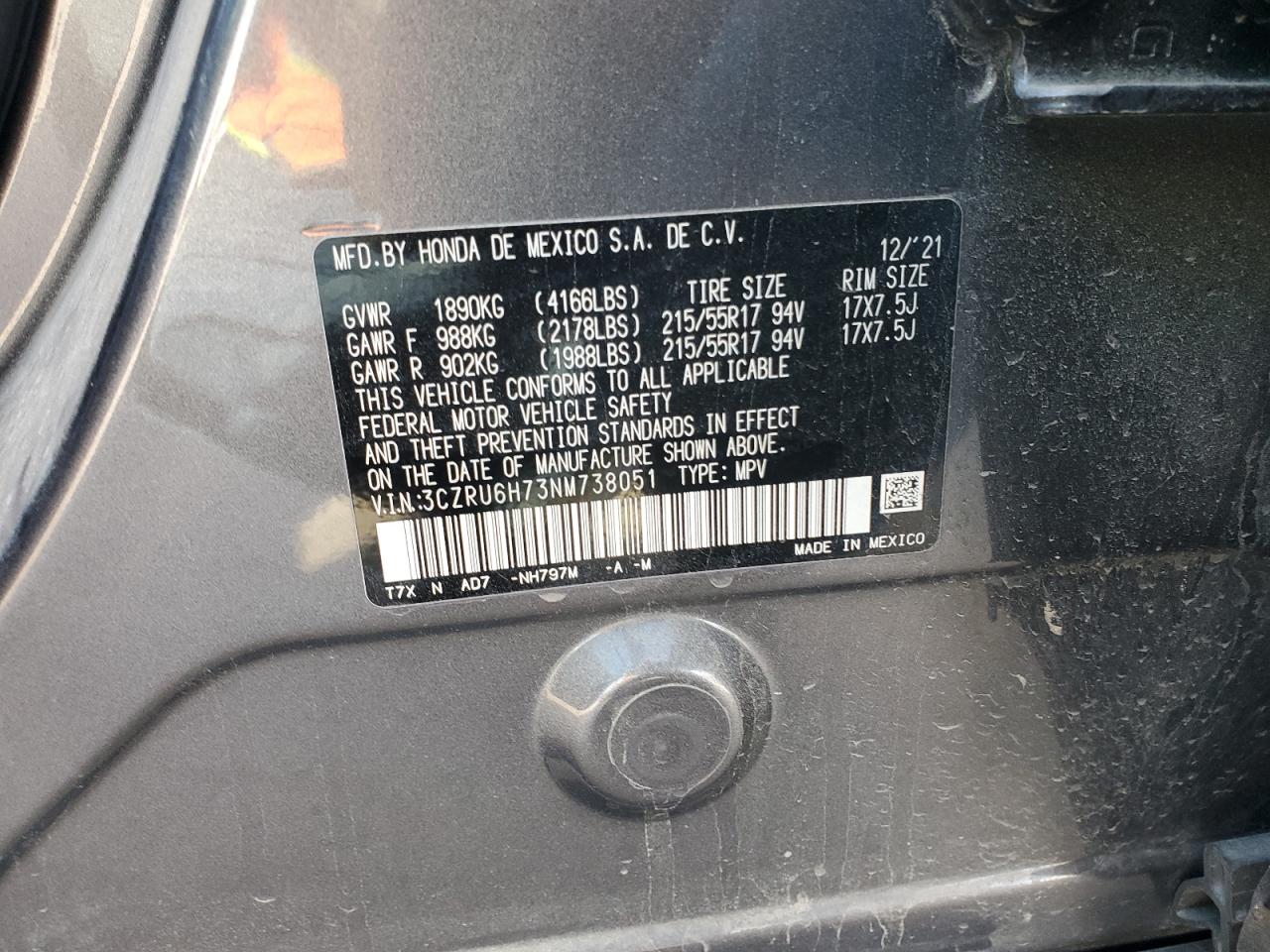 2022 HONDA HR-V EXL VIN:3CZRU6H73NM738051