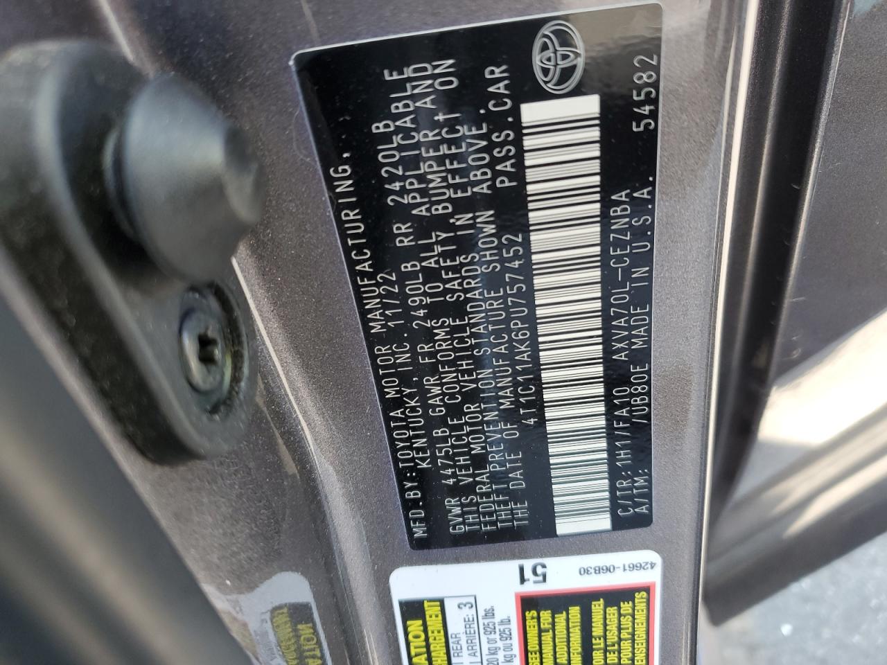 2023 TOYOTA CAMRY LE VIN:4T1C11AK6PU757452